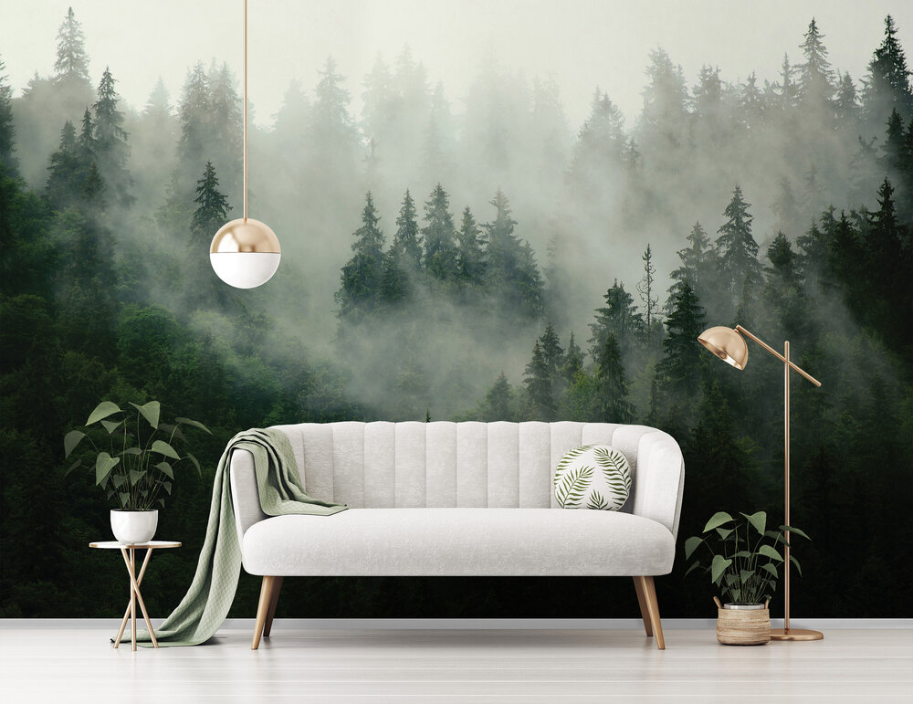 Mistig Bos Groen fotobehang