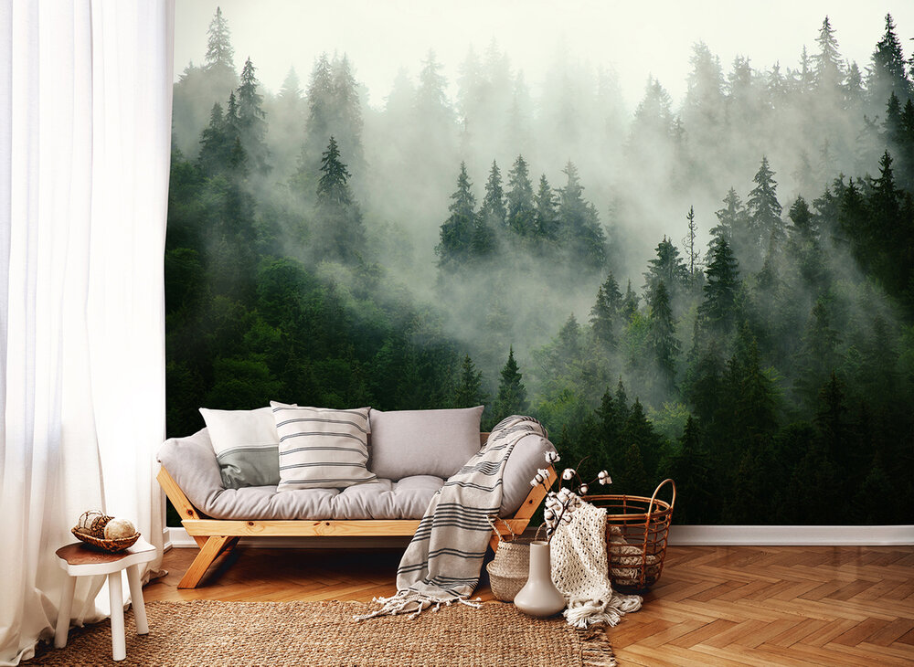 Mistig Bos Groen fotobehang