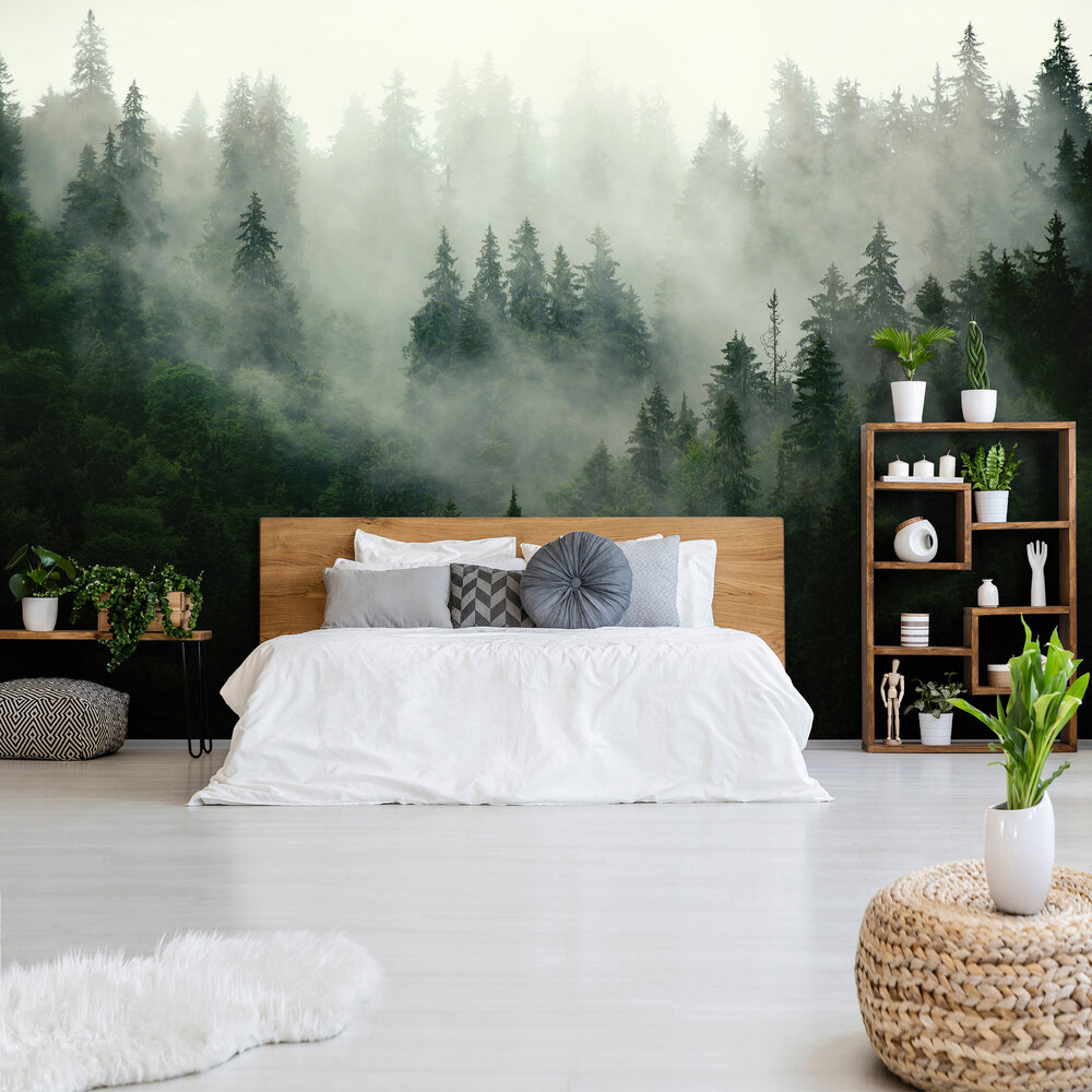 Mistig Bos Groen fotobehang