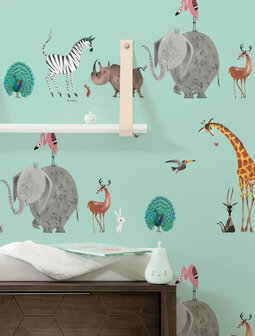 KEK Wallpaper Animal mix mint WP-134 (Met Gratis Lijm)