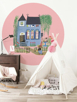 KEK Wallpaper Circle Bear with Blue House CK-017 (Met Gratis Lijm)