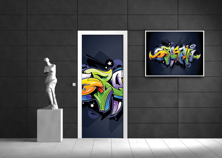 Colourful Graffiti on Navy Blue Deurposter Fotobehang 1509VET